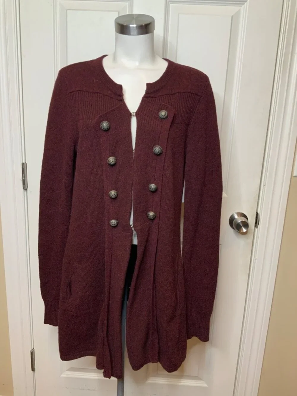 Free People Maroon Wool Button Lapel Long Cardigan Sweater, Size L